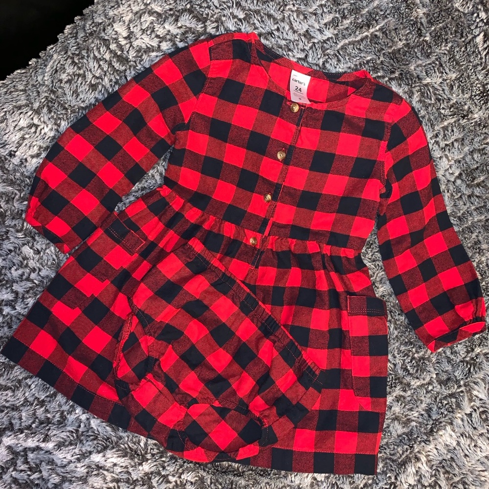 EUC-Carter’s plaid flannel black and red dress 24m